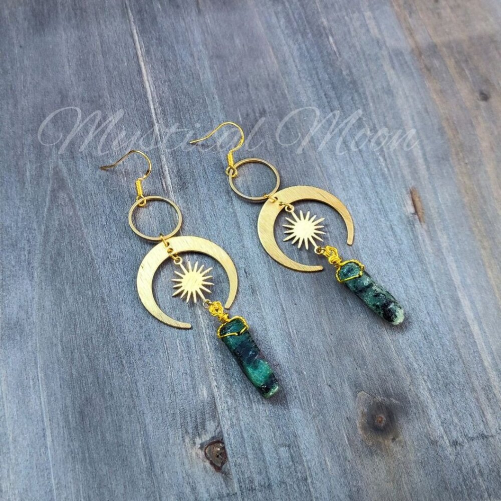 Celestial Crescent Moon Earrings with Ruby Zoisite Crystal Gold Sunburst Dangle